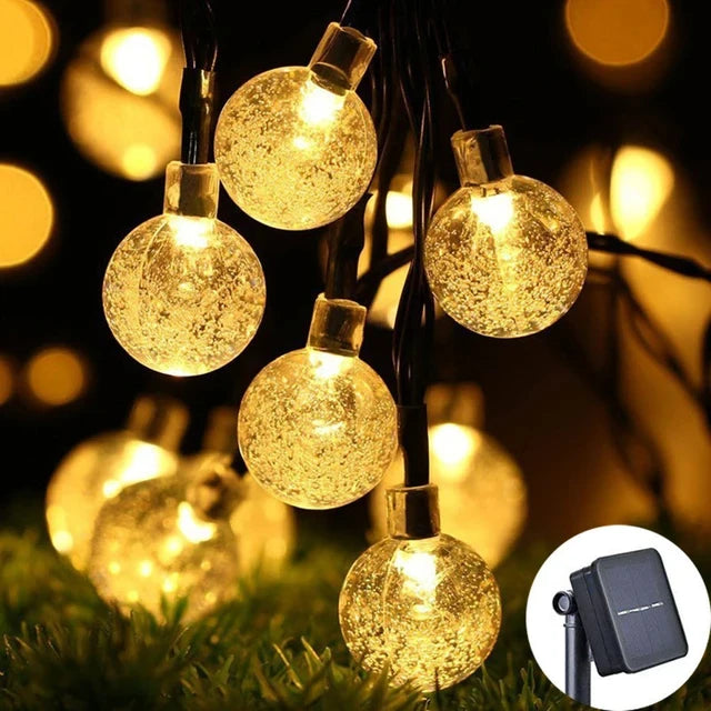Crystal Globe Solar String Lights — Warm White, Waterproof