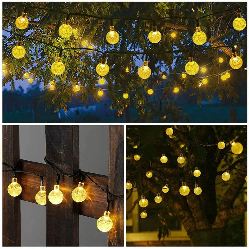 Crystal Globe Solar String Lights — Warm White, Waterproof