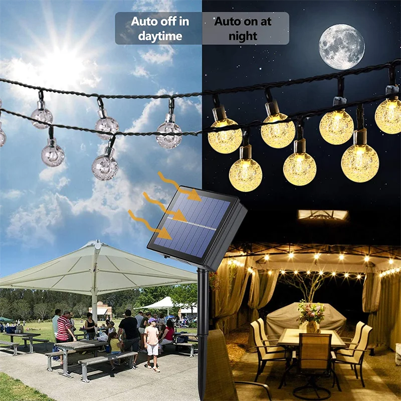 Crystal Globe Solar String Lights — Warm White, Waterproof