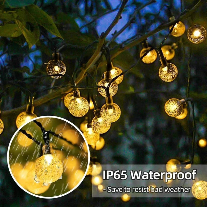 Crystal Globe Solar String Lights — Warm White, Waterproof