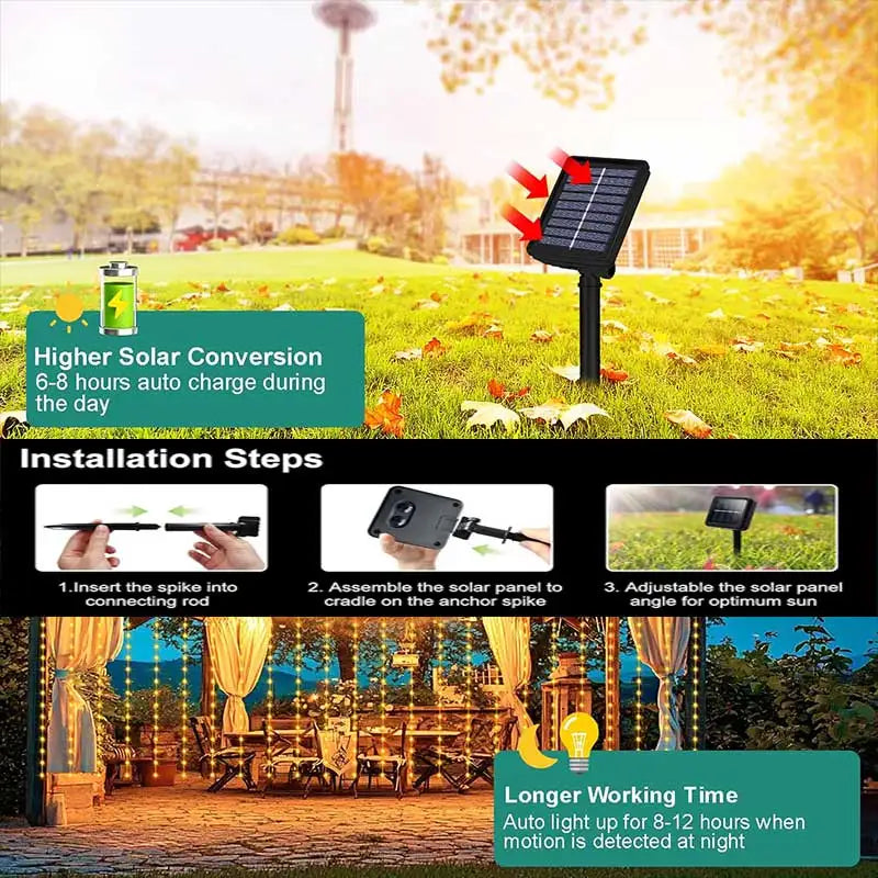 Cascade Curtain Solar Lights — Warm White, Waterproof