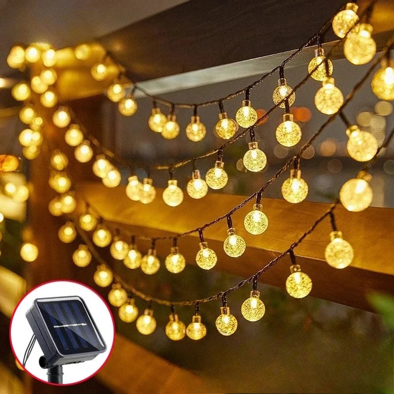 Crystal Globe Solar String Lights — Warm White, Waterproof