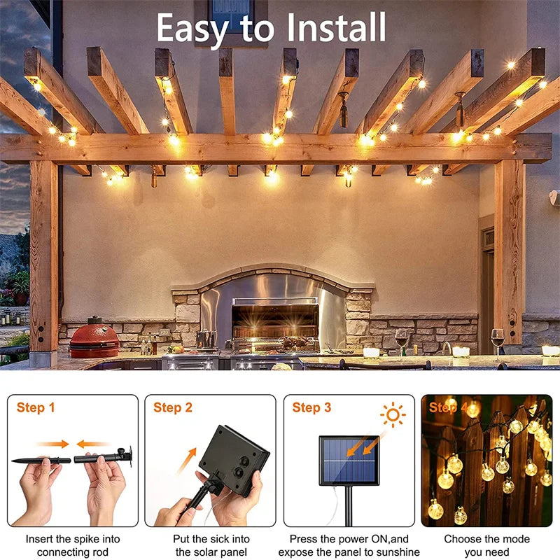 Crystal Globe Solar String Lights — Warm White, Waterproof