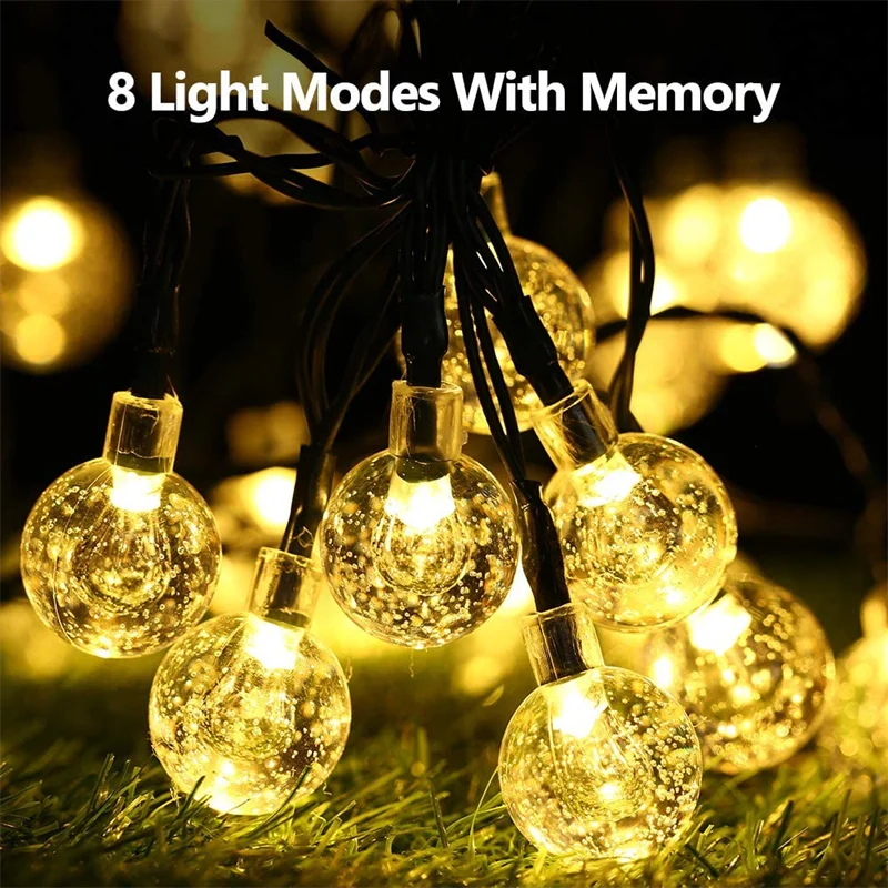 Crystal Globe Solar String Lights — Warm White, Waterproof