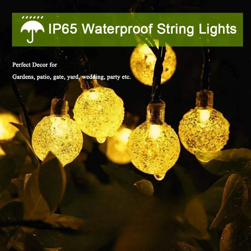 Crystal Globe Solar String Lights — Warm White, Waterproof